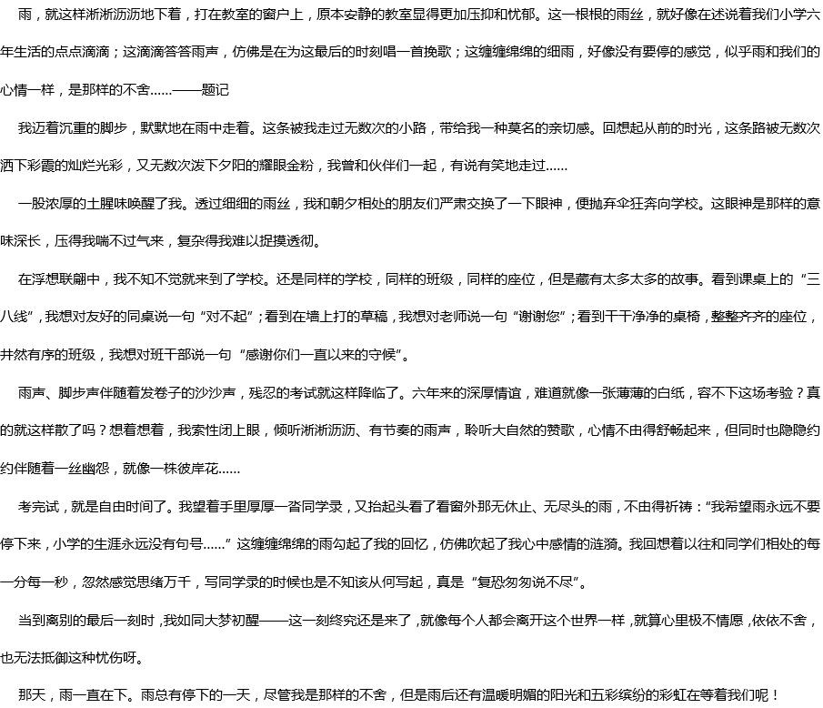 2020年中考滿分作文參考范文：那天，雨一直下